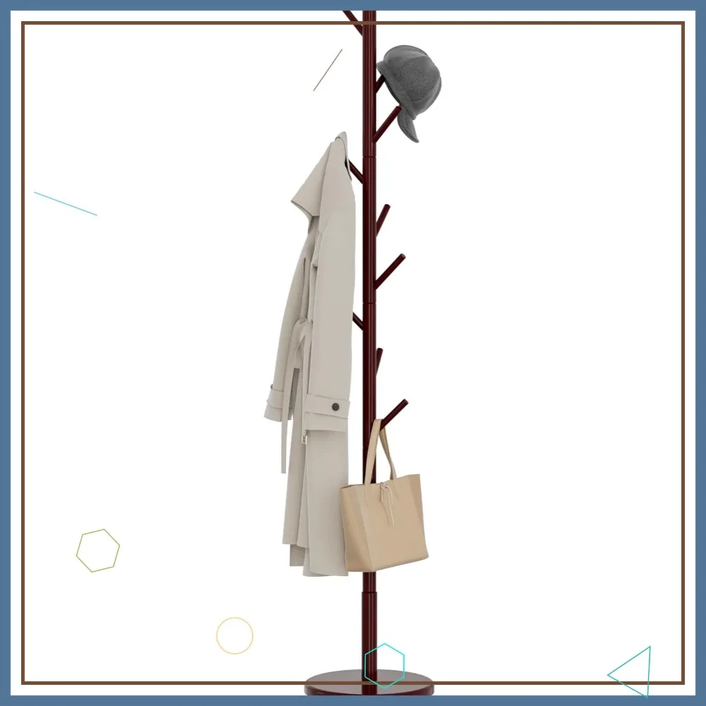 

Adjustable Wooden Coat Rack with 9 Hooks, Easy Assembly for Entryway, Bedroom, Office - Brown