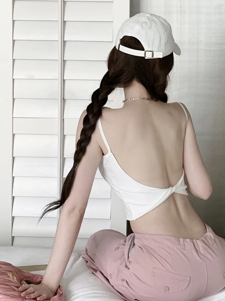 Sexy Sweet Spicy Pure Desire Backless Knot Strap Vest Spicy Girl Atmosphere Versatile Slim Short Style Belly Button Top