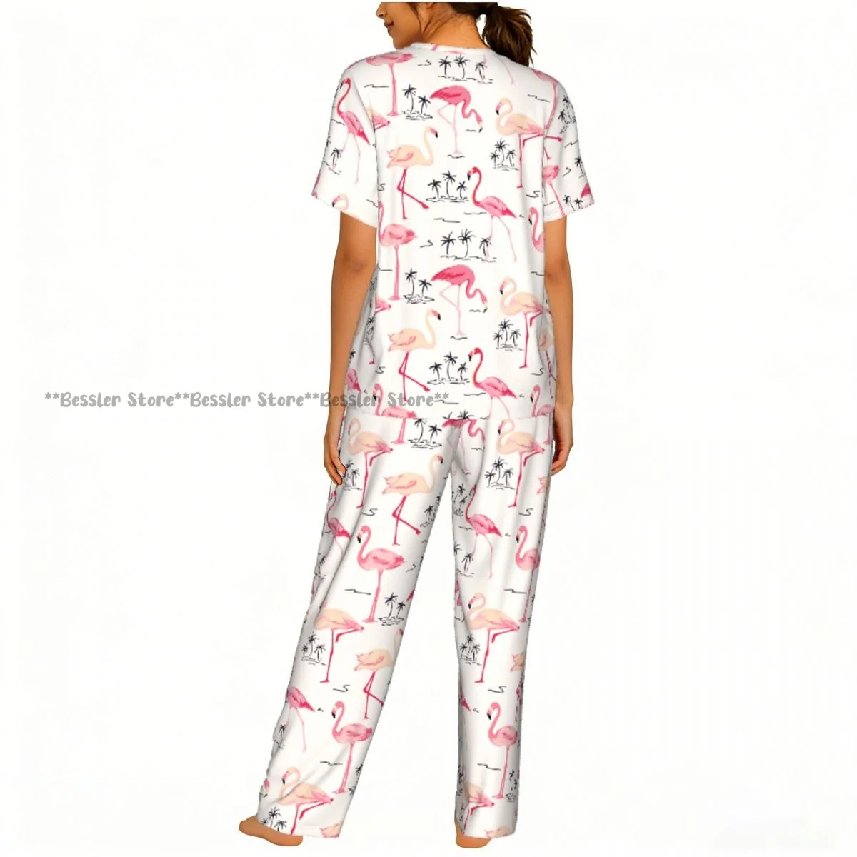 Flamingo Bird Retro Palm Tree Pajamas Set Short-sleeved Women Home Clothing view 4