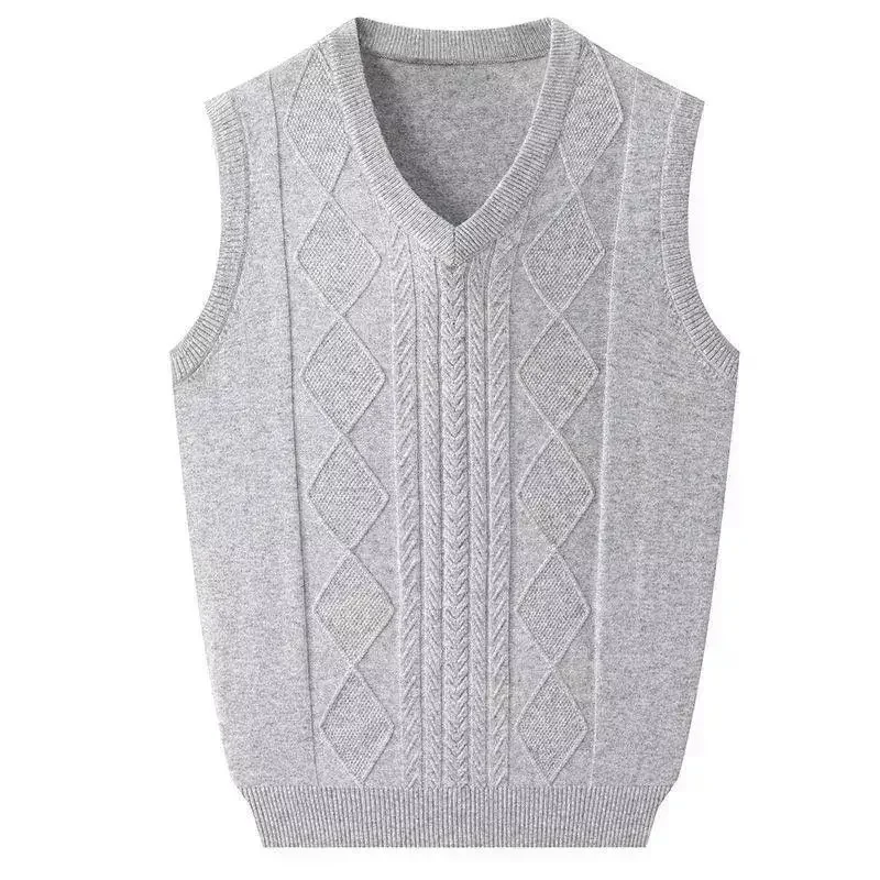 Men's Clothing Autumn Winter Solid Color Pullover V-Neck Screw Thread Sleeveless Sweater Knitted Vest Casual Fashion Tops WT38