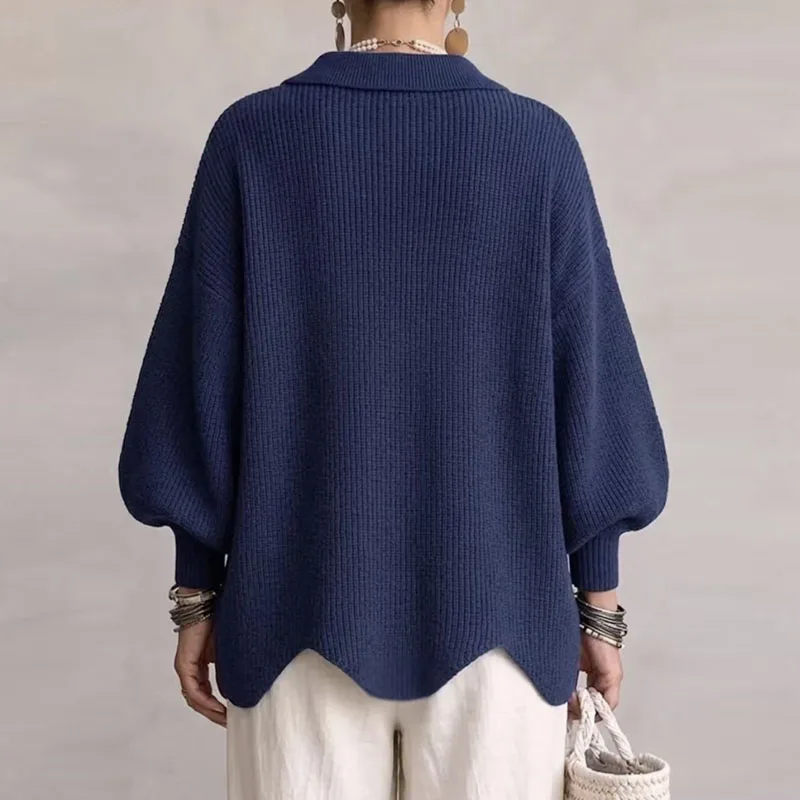 Women Solid Lapel Collar Knit Cardigan Lantern Sleeve Big Gold Button Loose Sweater Coat Irregular Hem Daily Fall Winter Outwear