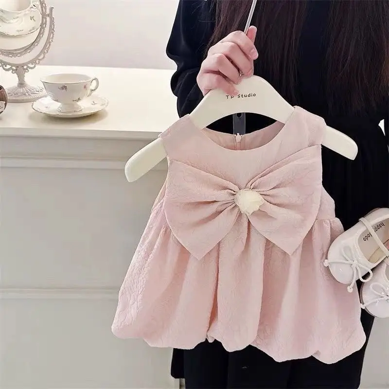 

Summer New Girls Pullovers O-Neck Solid Color Spliced Bow Floral Zipper Fashion Sweet Loose Sleeveless Casual Princess Dress