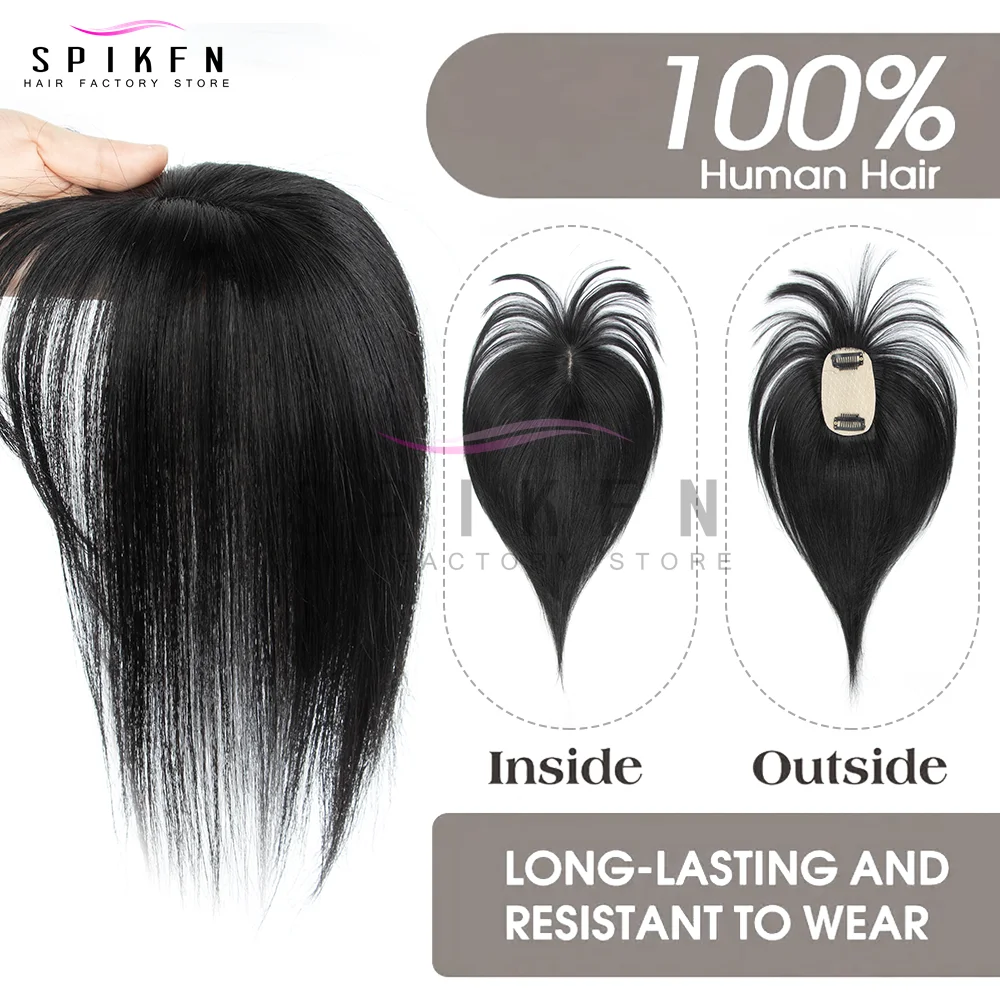 SPIKFN Haar Topper Middelste Deel met Pony 5x9 cm Basis Netto 8 "-14" Echt Menselijk Haar Topper Natuurlijke Rechte Top Haarstukjes Voor Vrouwen