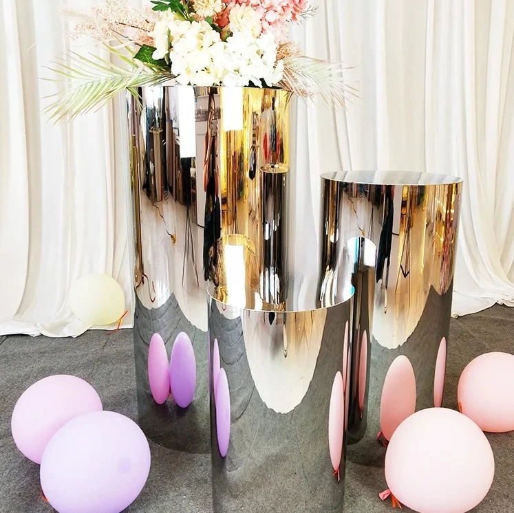 Factory Customized Gold Stainless Steel Cake Pedestal Round Cylinder Dessert Table Cake Plinth Stand for Wedding Decoration
