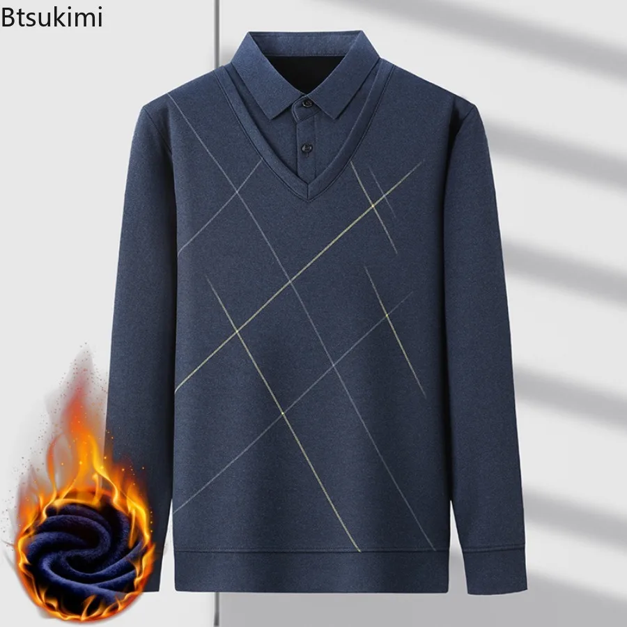 

Men's Printing Fake Two Pieces Polo Shirts Winter Warm Fashion Long Sleeve Casual Loose Bottom Layer Shirt Tops Male Clothing