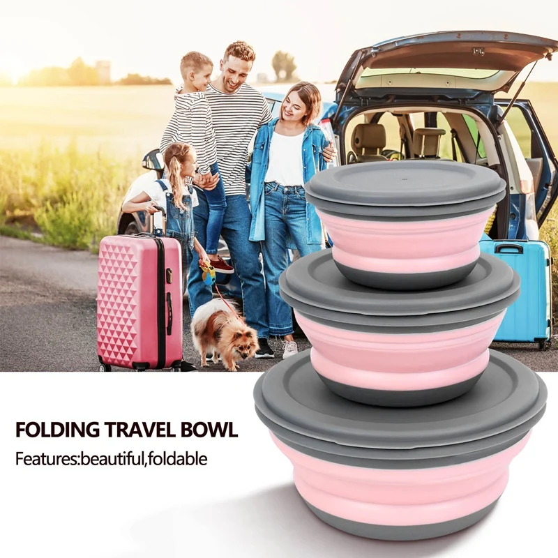 YWDZ-3 шт./компл. наборы мисок, силиконовый складной ланч-бокс, складная миска, портативная силиконовая складная миска, складная салатница с крышкой