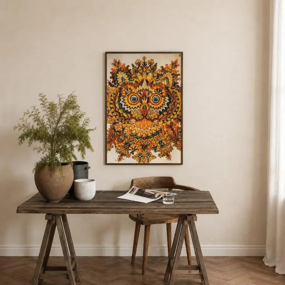 Art Louis Wain Ginger Kaleidoscope Cat Poster Self‑Adhesive Waterproof Coffee House Bar Wall Art Sticker Room Home Decor