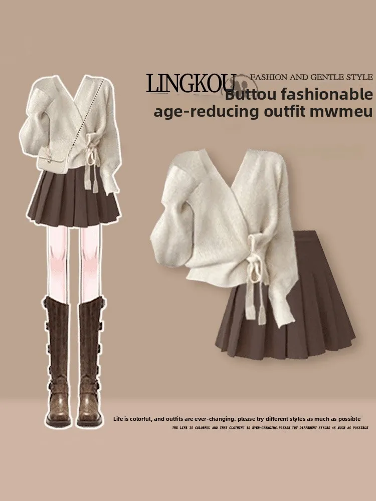 

Корейский стиль: женский вязаный свитер и плиссированная юбка, комплект больших размеров, осенняя мода, повседневная одежда, двухсоставный ансамбль