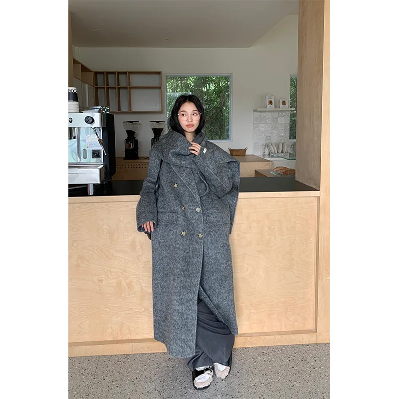 High Quality Long Woolen Cashmere Coat Women Autumn Winter Alpaca Wool Jacket Double Breasted With Scarf Overcoat Off White