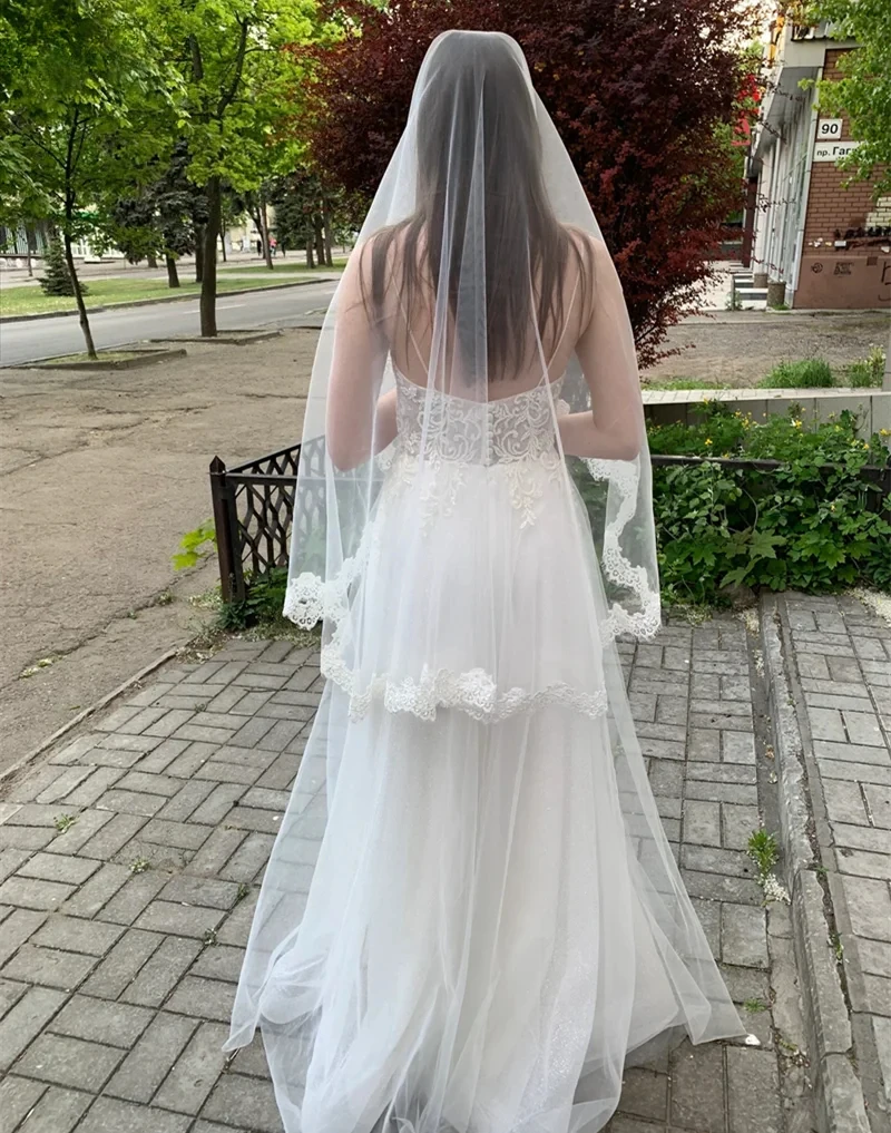 

Fingertip Lace Veil Ivory Mantilla Veil Simple Lace Trim Bridal Veil One Layer