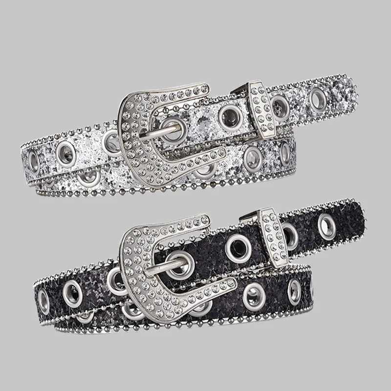 Y2K Girls Goth Rhinestone Belts Women PU Leather Strap Shiny Rhinestone Belts Fashion Cowboy Belt for Jeans Men Bling Waistbands