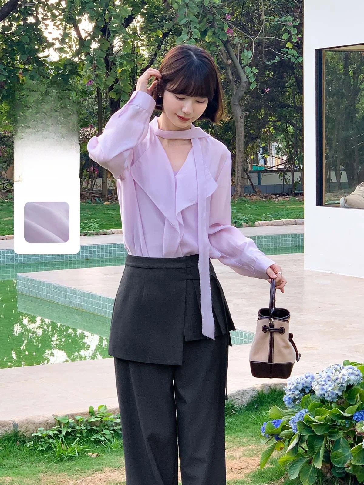 

Ele Purple V-ne irt Women's Early Spring Versatile Top Faionable Loose Fit Long Sve Breathable Lenzing Fabric