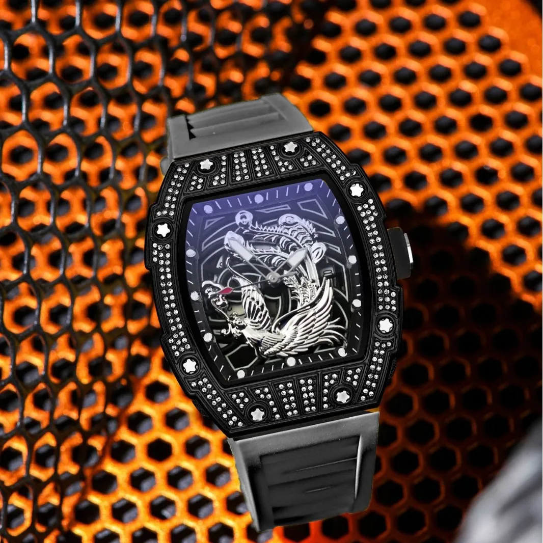 Fashion Tonneau Quartz Watch Men Three-dimensional Phoenix Carving Dial Luxury Luminous Waterproof Date Watches Men Rubber Clock
