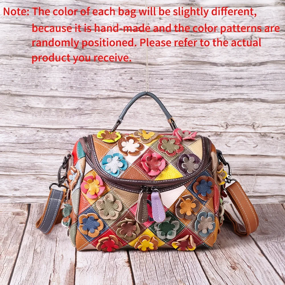 Women's New Fashion Genuine Leather Colorful 3D Floral Bag Original Personality Ethnic Style Patchwork Small Shoulder Crossbody