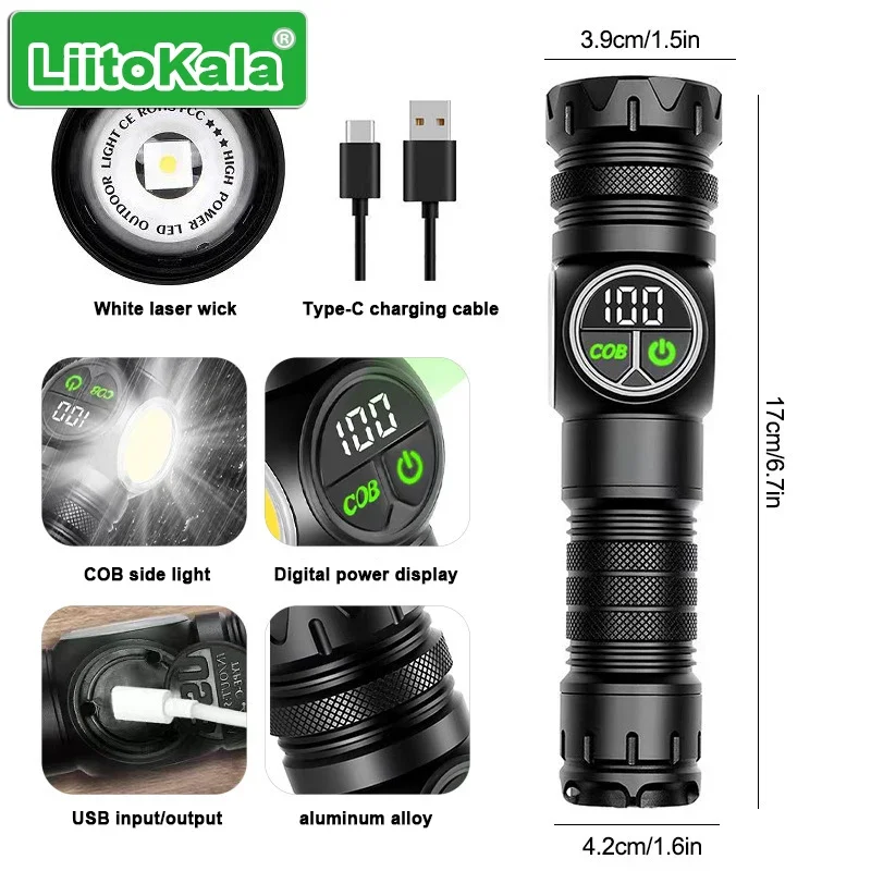 LiitoKala ดิจิตอลจอแสดงผลไฟฉาย COB ด้านข้างใช้งานร่วมกับ 18650/26650 แบตเตอรี่มือถือยุทธวิธีหลอดไฟ LED