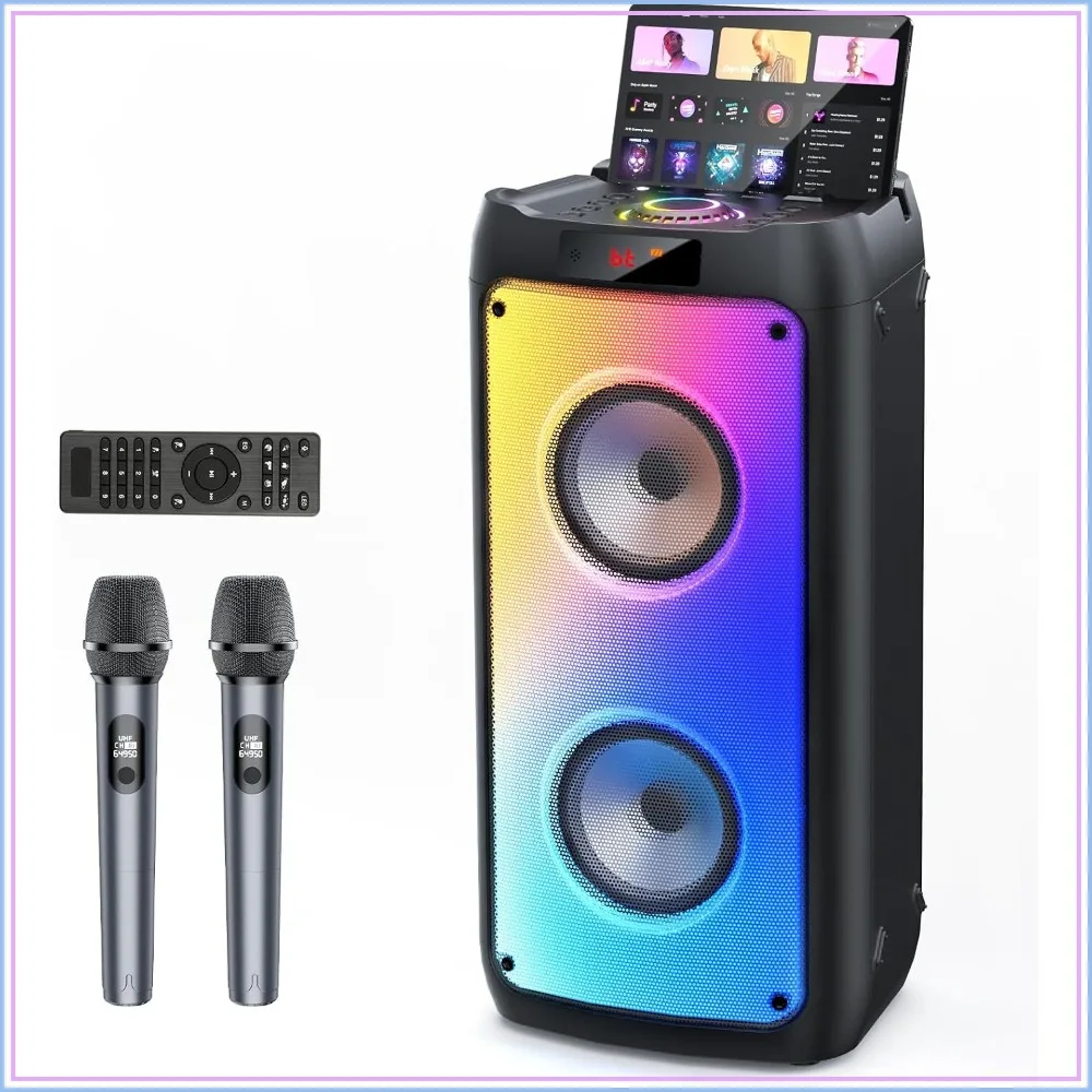 Portable Karaoke Machine with 2 Wireless Mics, Bluetooth Speaker with Disco Lights, TWS/TF/USB/AUX, 8H Battery for Parties