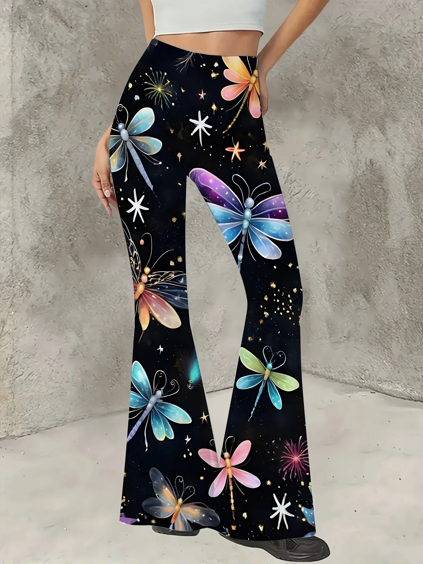 

Plus Size All-Over Print Flare Pants Women Stretchy High Waist Bell Bottom