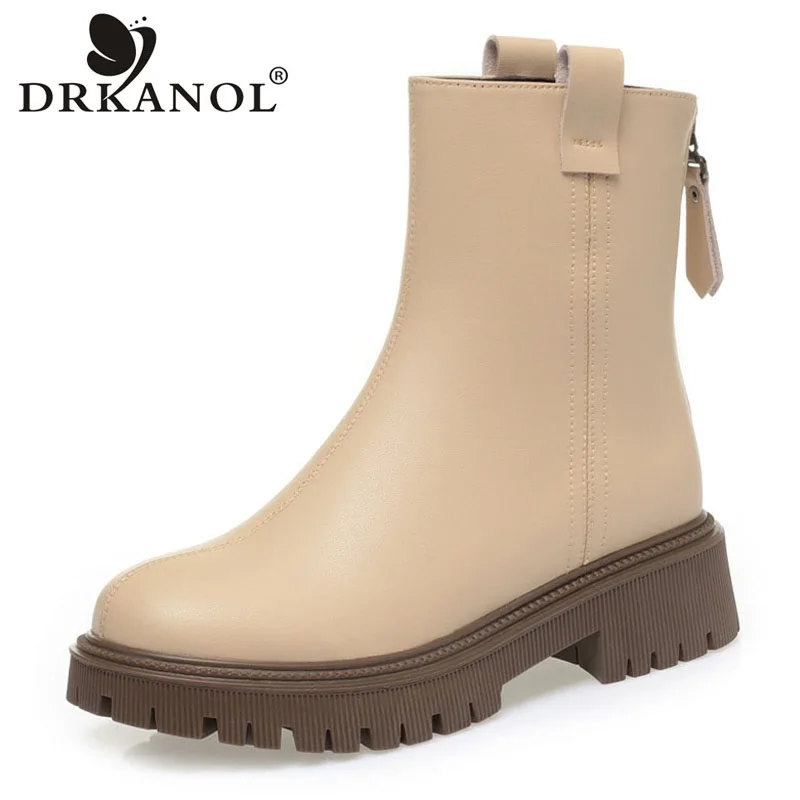 DRKANOL 2024 Women Chelsea Boots Winter Warm 100% Wool Fur Platform Mid Calf Snow Boots Ladies Zipper Thick Heel Shearling Boots