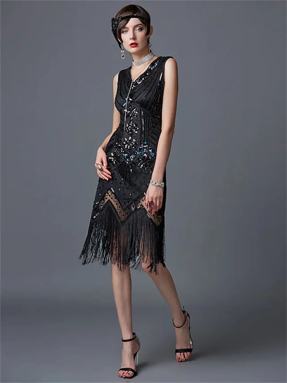 

Women's 1920s V-Neck Sequin Fringed Sleeveless Party Costumes Vintage Flapper Gatsby Tassel Evening Midi Dress