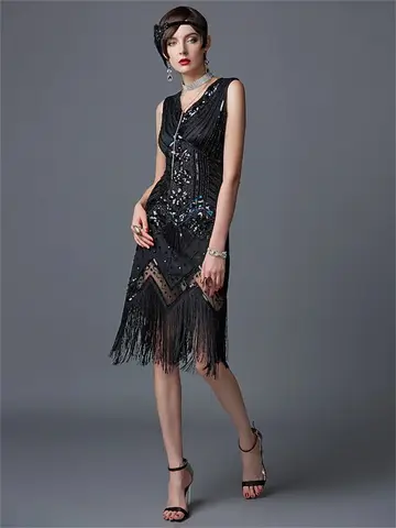 Women's 1920s  V-Neck Sequin Fringed Sleeveless Party Costumes Vintage Flapper Gatsby Tassel Evening Midi Dress
