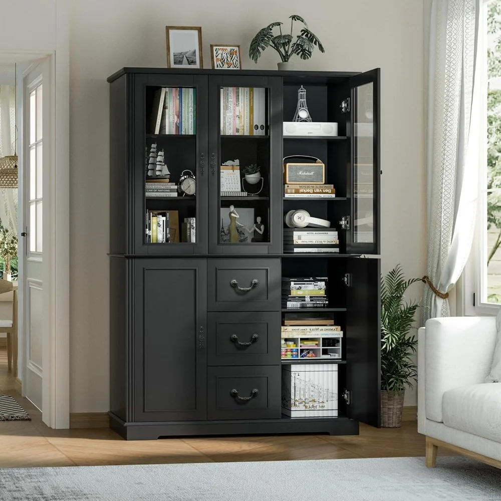 خزانة كتب بطول 71 بوصة، رف كتب للمزرعة مع أدراج وباب زجاجي أكريليك، خزانة تخزين خشبية كبيرة الحجم للدراسة المنزلية