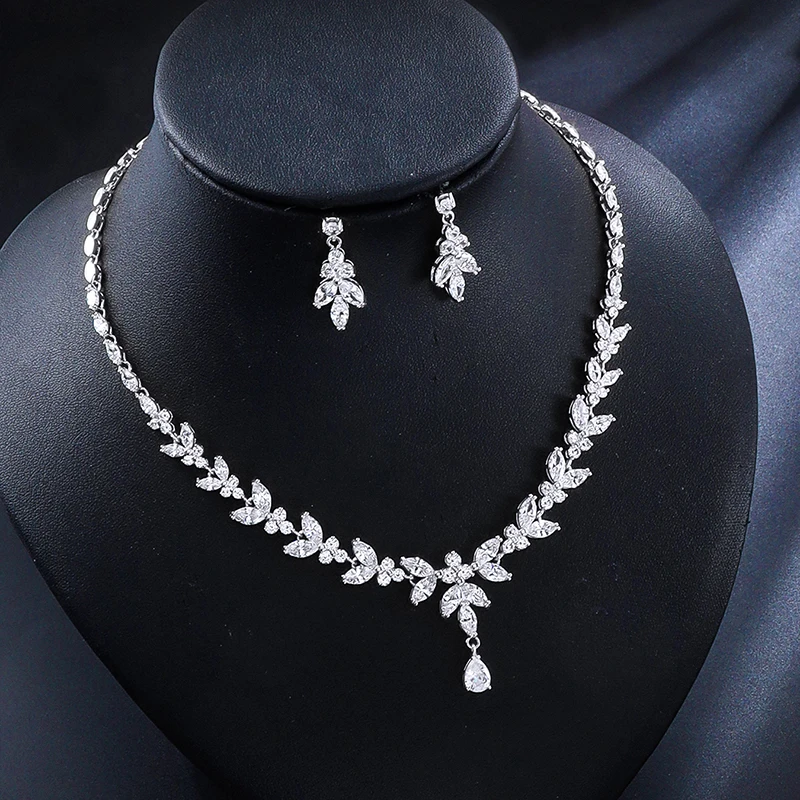 Baiduqiandu Cubic Zircon Leaf Plant Earrings And Necklace Set For Bride Wedding Jewelry