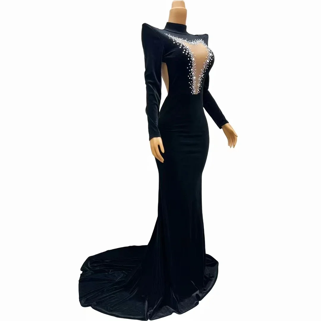 Luxury Black Velvet Crystal Mermaid Evening Gown Sexy Ballroom Dance Night Dress Fashion Woman Wedding Party Dress Queen Attire