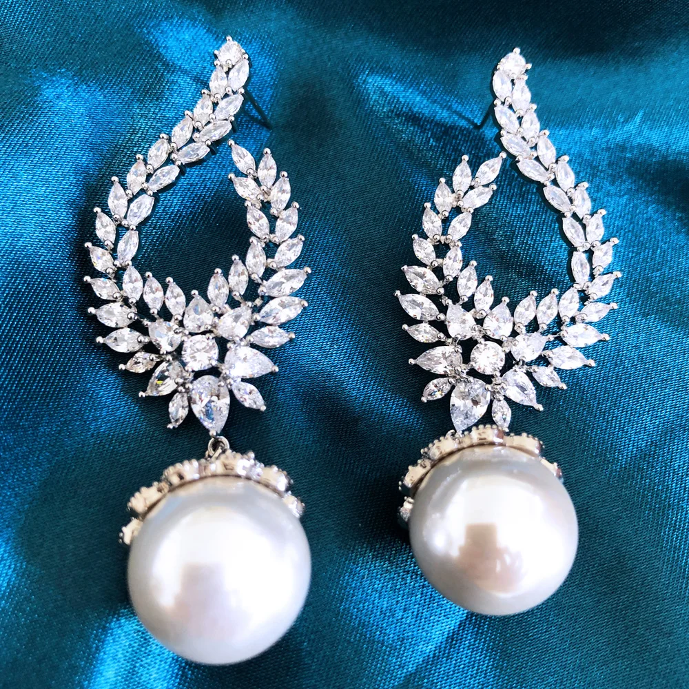 

Missvikki Fashion Jewelry Luxury Pearl Long Dangle Earrings For Women Wedding Cubic Zircon Crystal CZ Dubai Bridal Earrings Gift