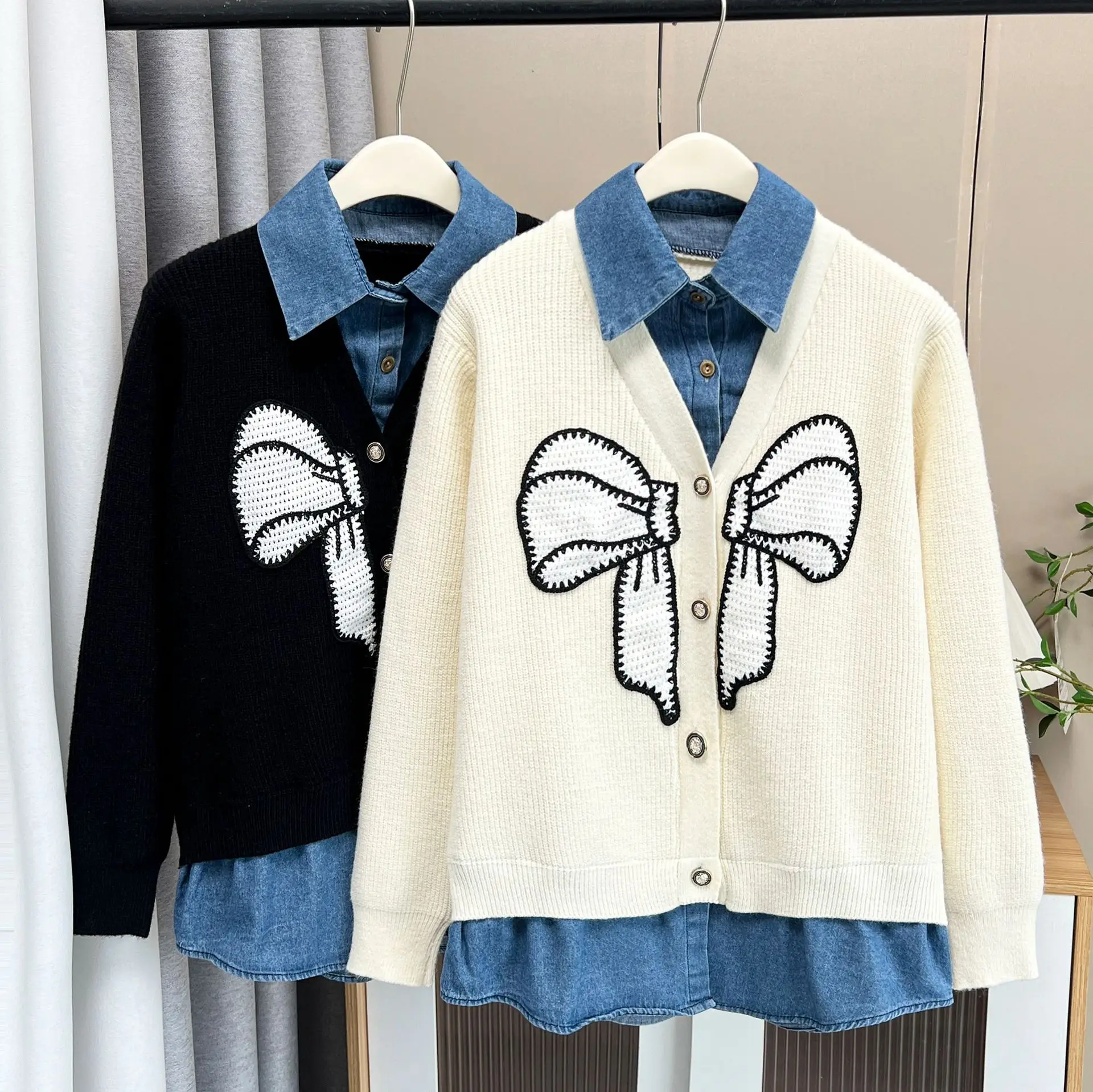 XXXXL موضة حجم كبير البلوزات النسائية 2025 الخريف الشتاء الملابس الكورية نمط Stylishl القوس محبوك وهمية قطعتين سترة