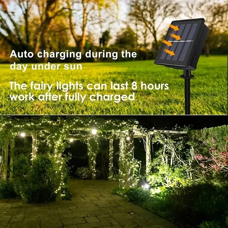 Outdoor LED Solar Fairy String Lights Waterproof Garden Decoration Garland 8Modes Copper Wire Light For Street Patio Christmas