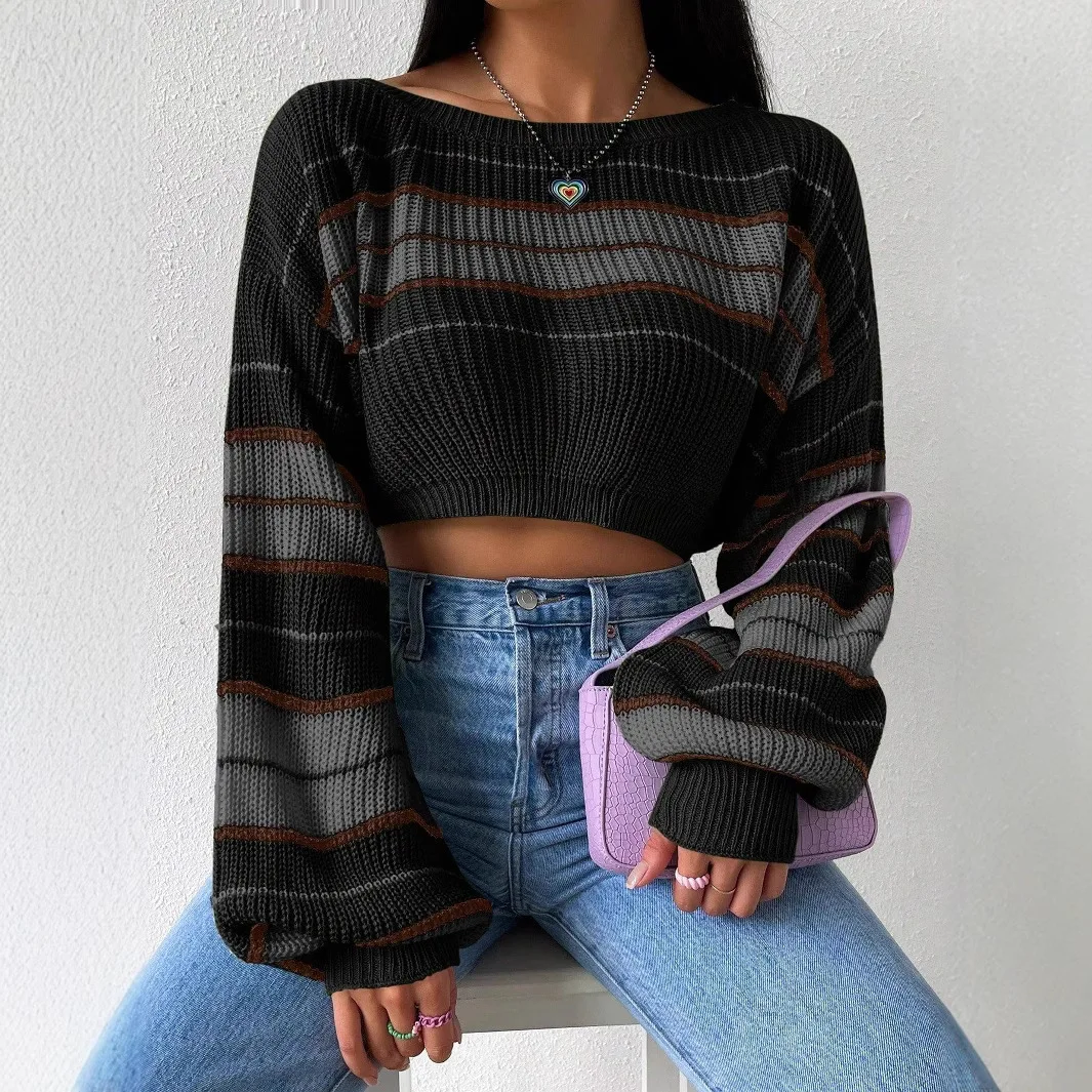 

2025 Autumn and Winter New Gentle Style Niche Short Knitted Contrasting Striped Loose Long Sleeved Sweater