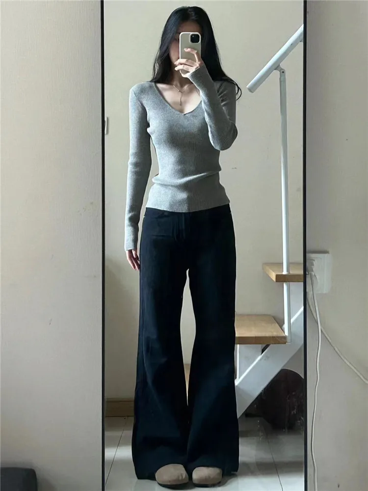 

American Retro Extended Black Flared Jeans Women's High Waist Slimming Loose Drapey Floor-Length Wide Leg Pants