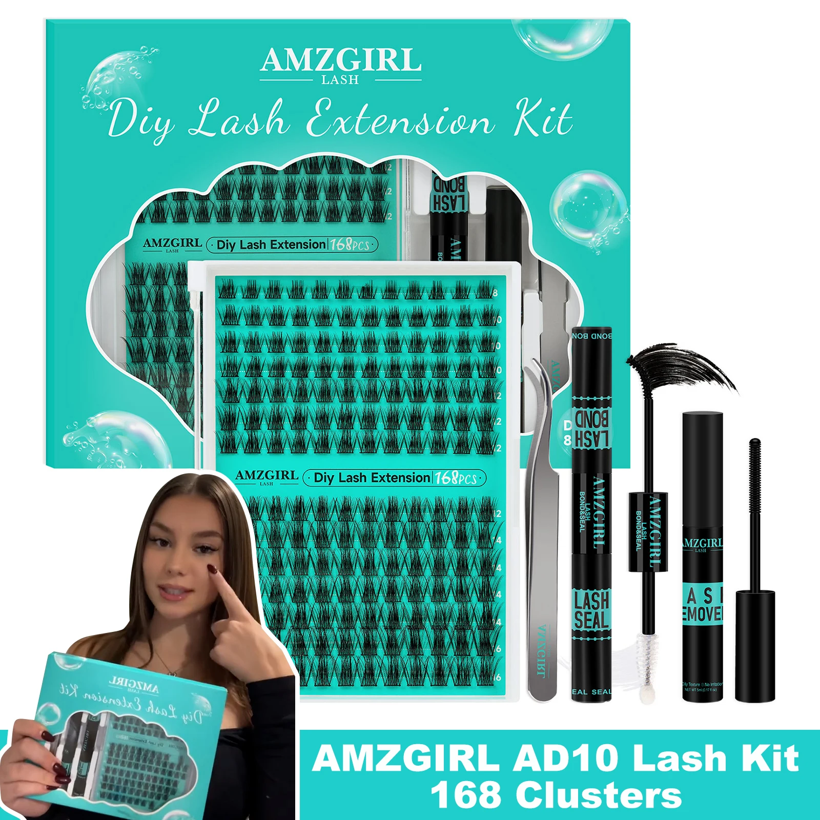 AMZGIRL LASH DIY Eyelashes Kit 168pcs Cluster Lashes D Curl Waterproof Bond and Seal with Remover Tweezer Premade Fan Lashes