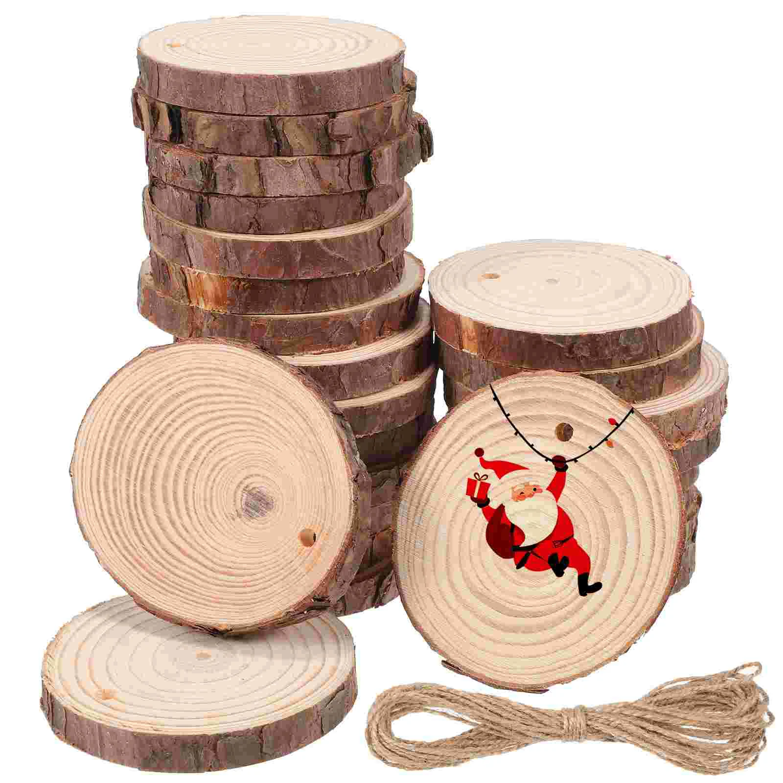 25 Pcs 7-8cm Natural Wood Chips Pieces + 1cm 10m Rope DIY Christmas Ornaments Unfinished Round Slices Wooden Discs Craft