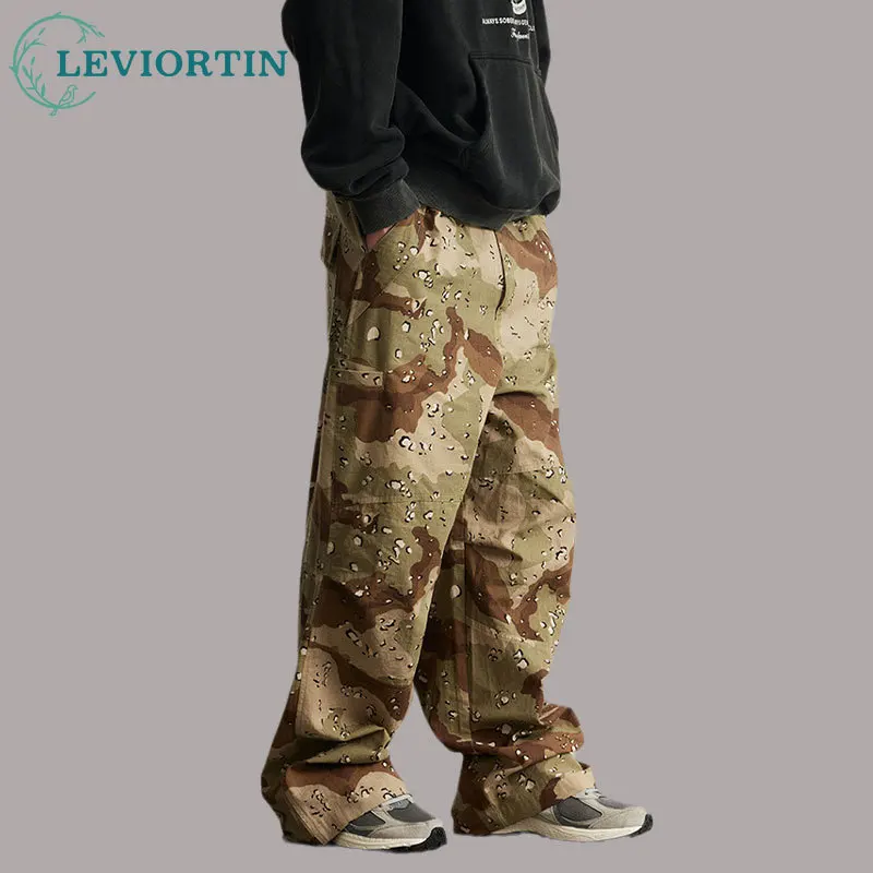 

American Patterned Camouflage Overalls Trousers Functional Style Loose Fitting Pure Cotton Casual Pants For Men