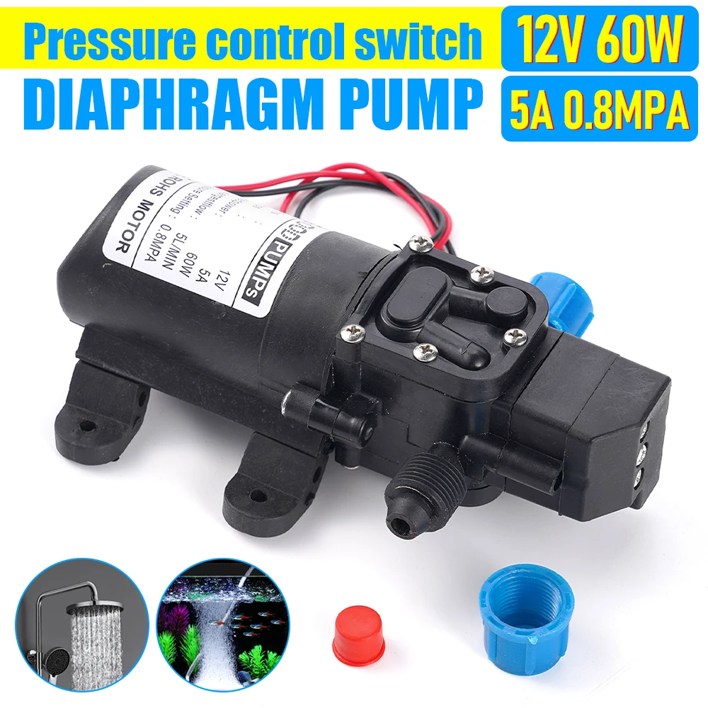 DC 12V 120PSI 5L/Min High Pressure Diaphragm Water Pump 60W Micro Electric Water Pump Self Priming Pump Water Sprayer Car Wash