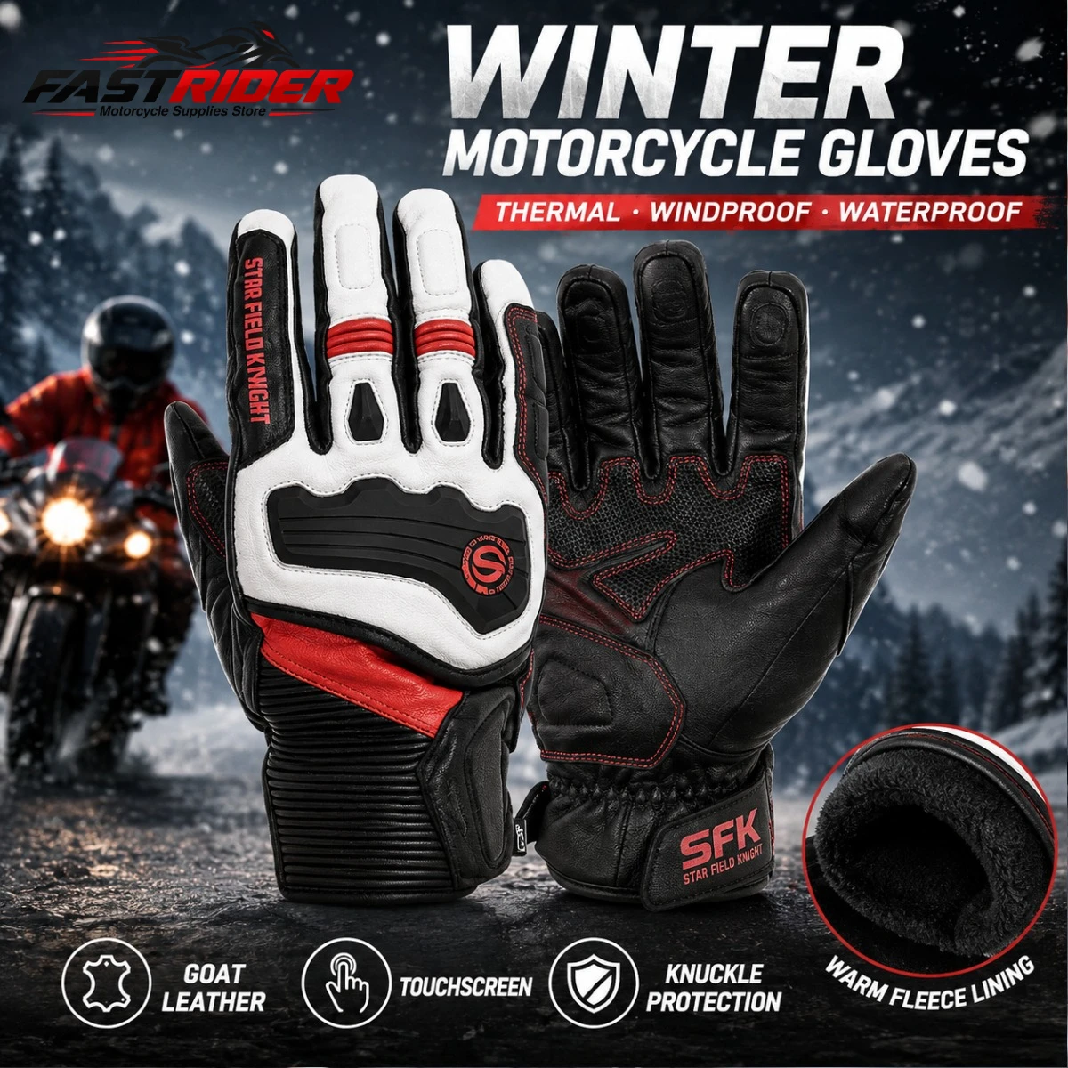 Motorcycle Gloves Winter Velvet Thermal Windproof Warm Real Goat Leather Non-slip Wear-resistant Riding Protection Equipment