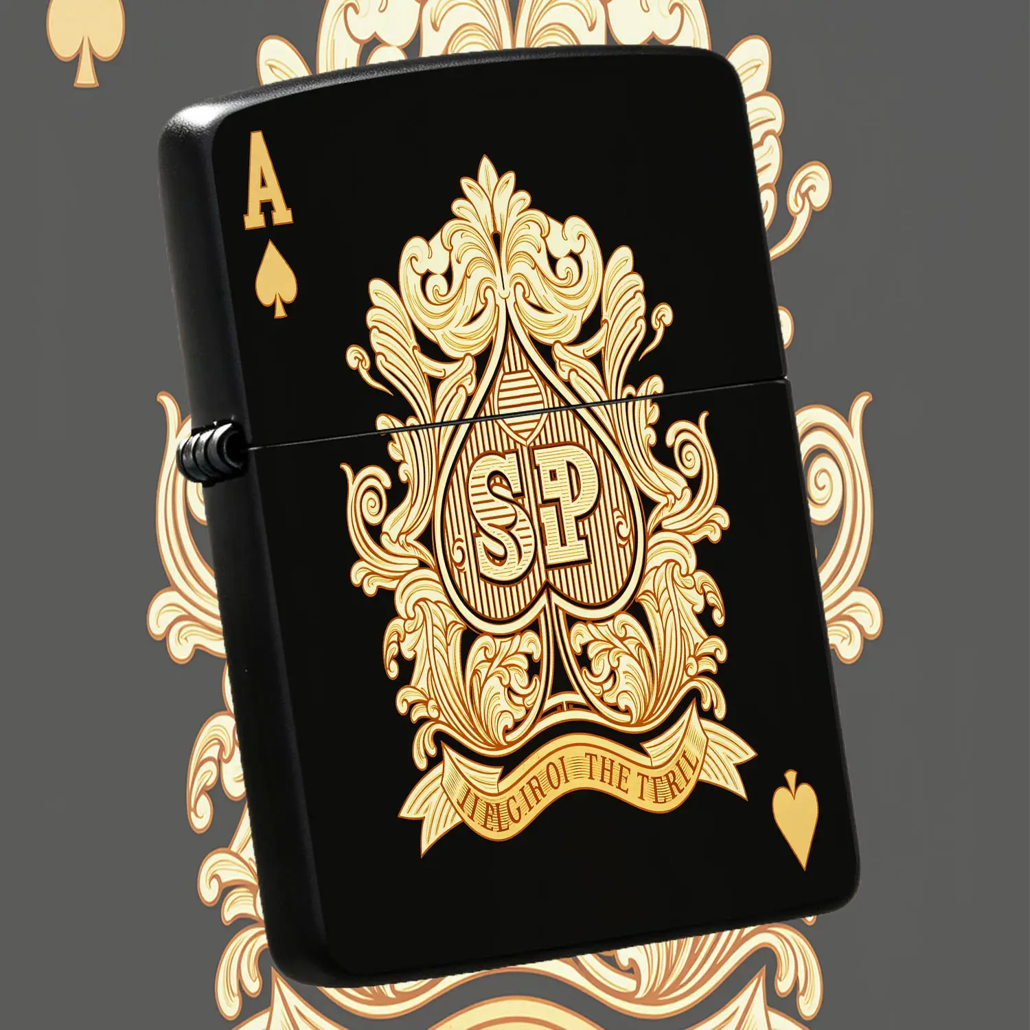 Vintage Ornate Ace Of Spades Lighter With Embossed Floral Scroll Pattern, Luxury Golden Sp Monogram Design, Portable Elegant Tool For Daily Carry, Dating, Outdoor, Business Scenarios, Ideal Exquisite Gift For Friends An A Humorous And Inter