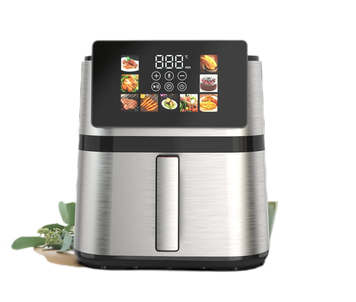 

Stainless Steel Air Fryer With a Colorful Screen Menu Modes Digital Controls and Multifunctional Touch Screen for Home Use.