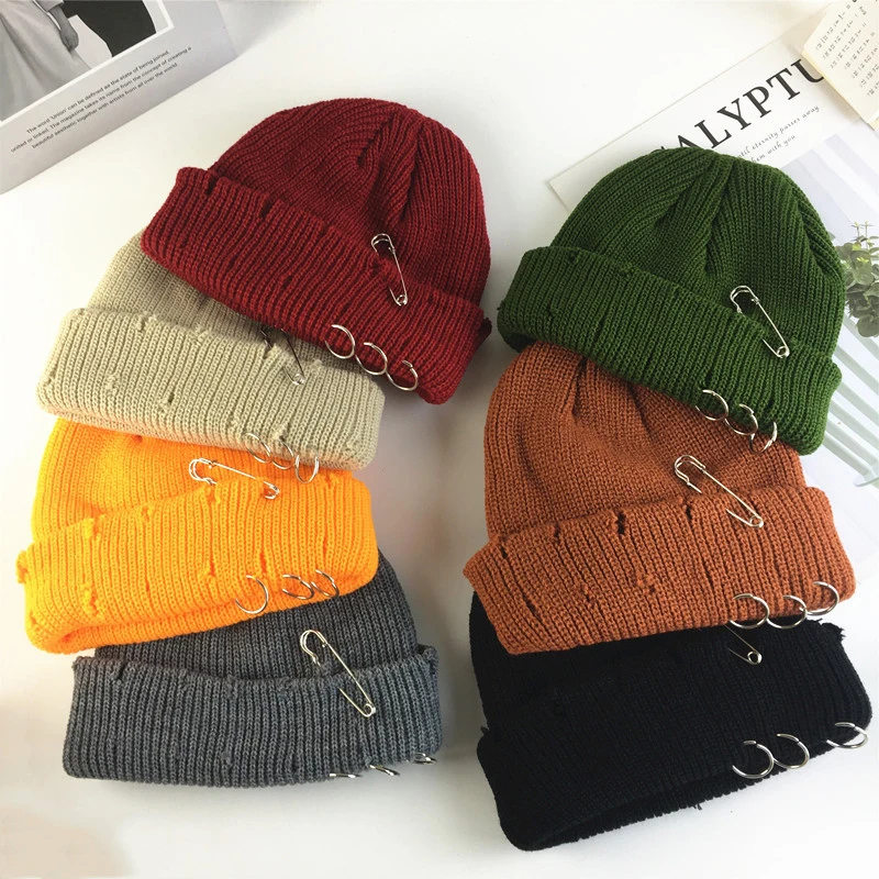 Winter Punk Skullies Women Warm Harajuku Hole Knitted Hat Autumn Hip hop Beanies Fashion Basic Unisex Cap PJ511