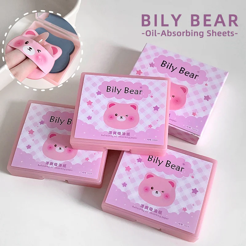 Bily Bear Oil Absorbing Sheets 100pcs Face Blotting Paper with Mirror Compact Oil Control Makeup-Safe Portable Facial Tissues