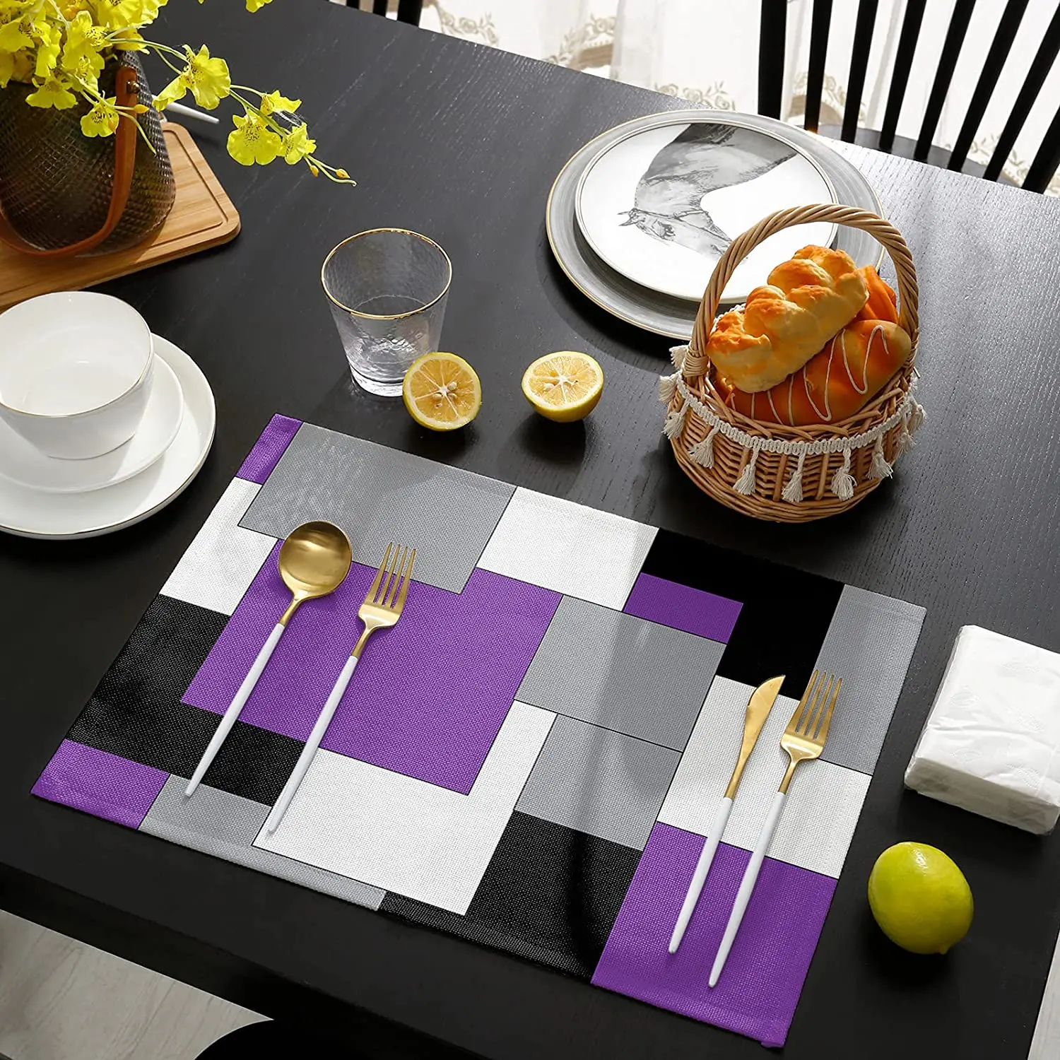 Tovagliette per tavolo da pranzo Set di 4/6 pezzi arte astratta Patchwork viola nero e grigio tavolo da cucina tovagliette tovagliette tavolo