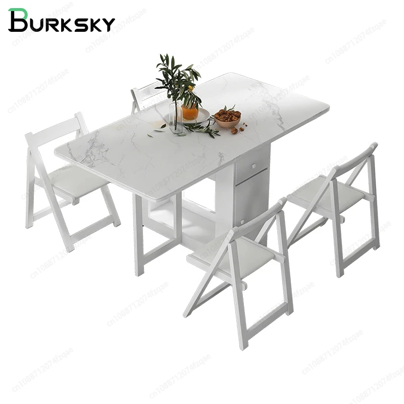 Folding Dining Table With Chair Set Movable Apartment Living Room Furniture Extension Combination Tables And Drawer Storage Rack