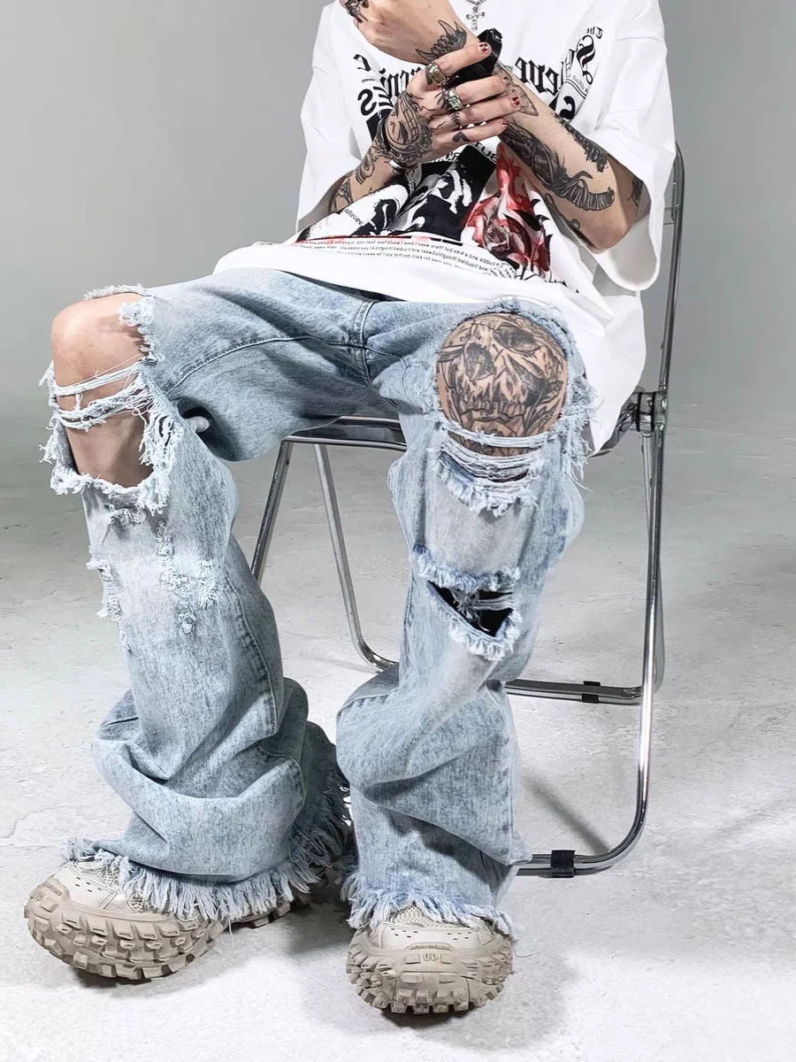 Men's Blue Hole Jeans Hip Hop Street Fashion Knee Big Hole Jeans Loose Ragged Edge Pants for Men and Women