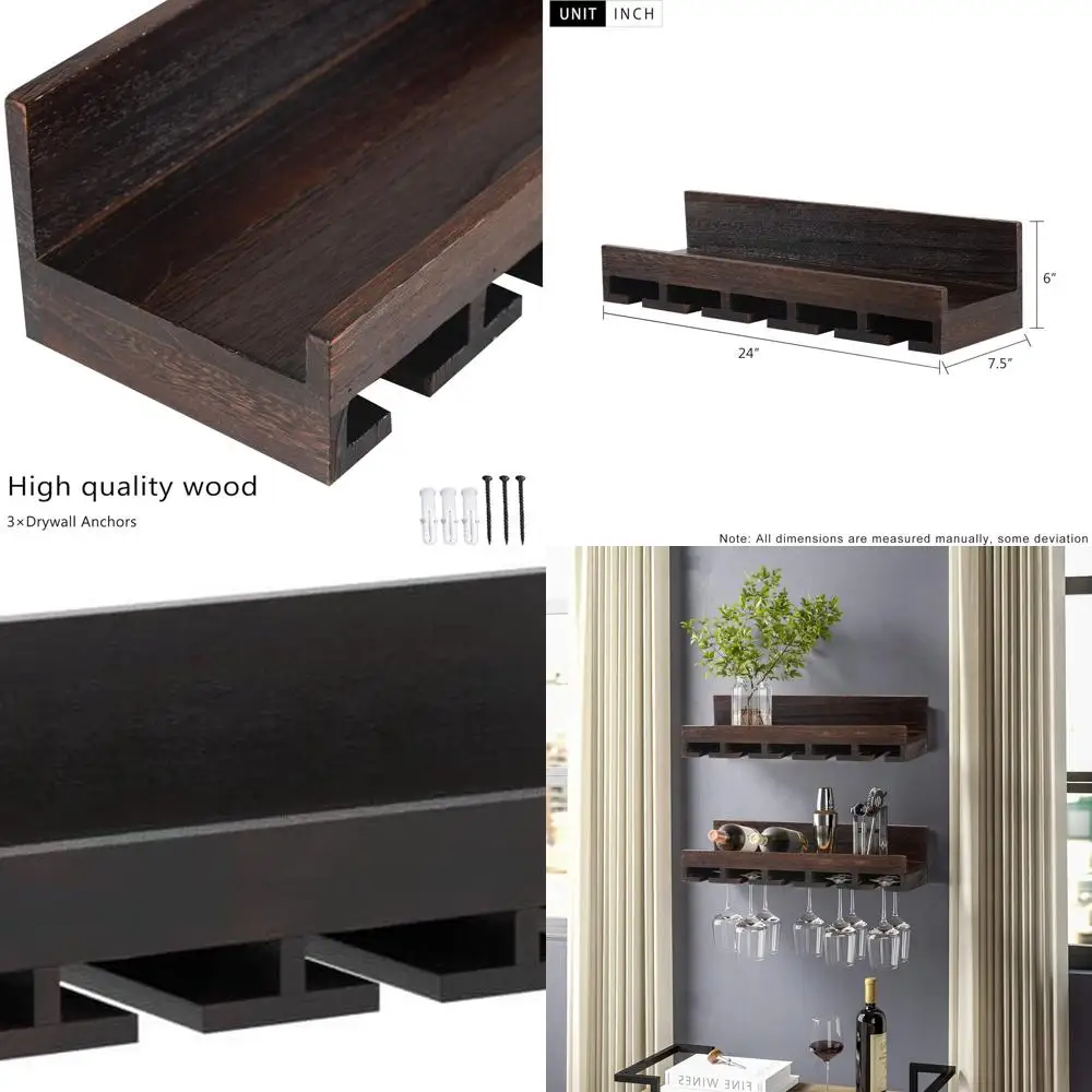 

Brown Floating Wall Wine Rack with 7 Bottle Storage and 5 Stem Glass Holders, 24x7.4x6 inches