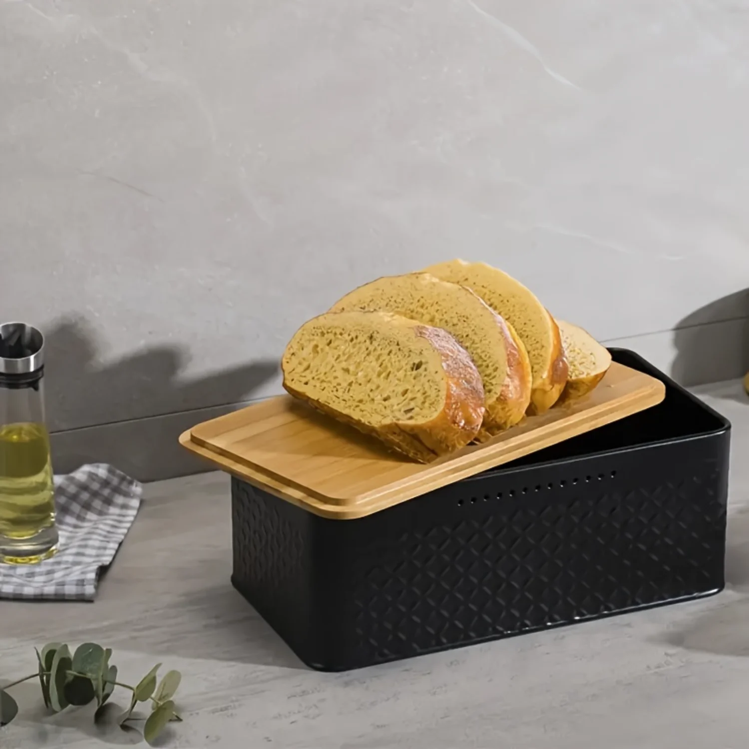 Black Metal Bread Box with Wooden Lid - Large Capacity, Flip-Top Design, Portable Stackable Container for Bread, Toast, Fruit, a