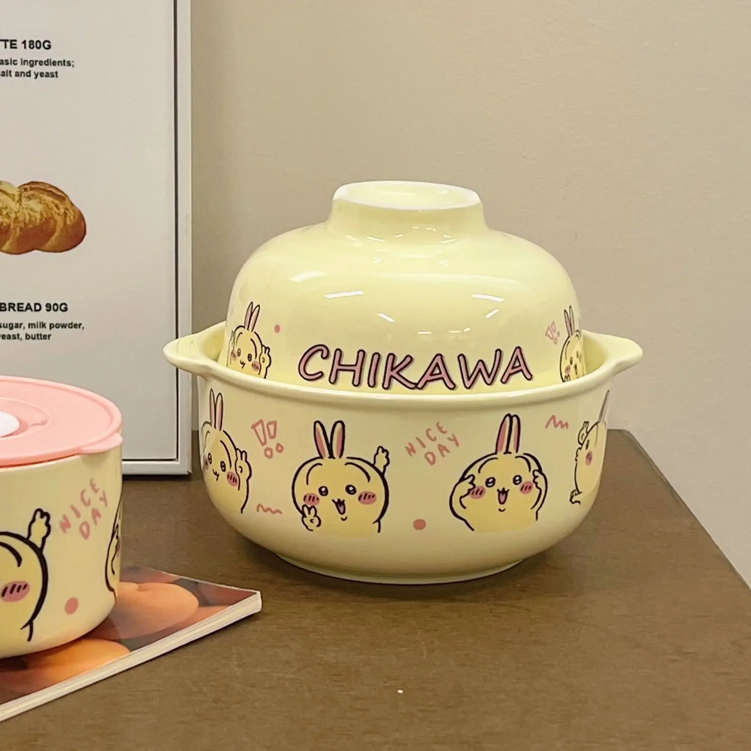 Cream New Chiikawa Instant Noodle Bowl High‑aesthetic Ceramic with Lid Snail Noodle Bowl Canteen Dorm Rice Bowl Gift for Friends