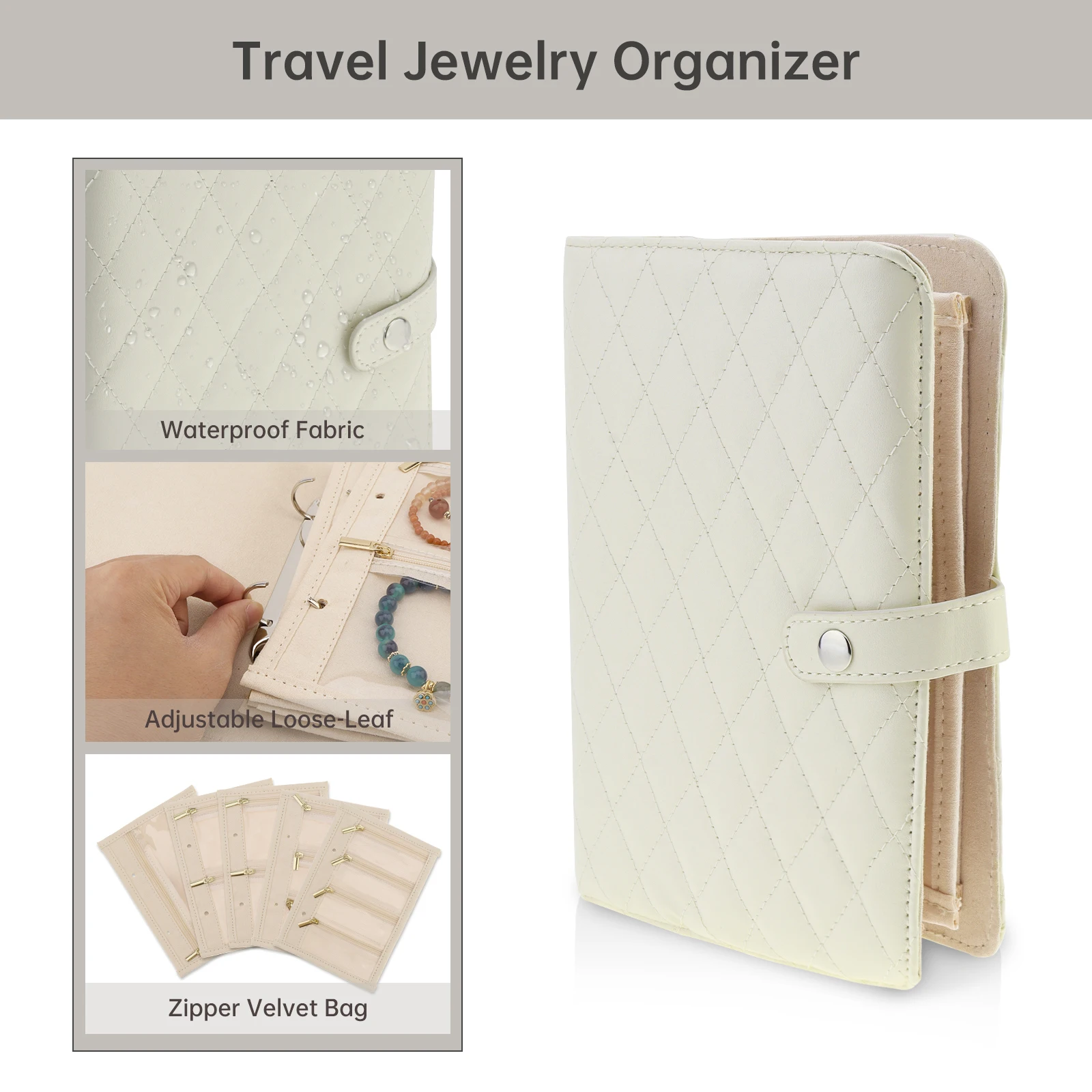 PU Leather Portable Book Ring Binder Travel Jewelry Organizer Case for Travel / Earrings/Bracelets with Velvet Jewelry Pouch Bag