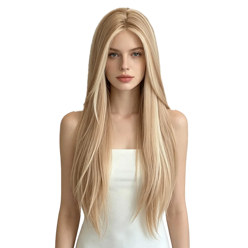 

#24/613 Highlighted Wig T Part Lace Front Wig For Women Ombre Beige Blonde Long Straight Wig Natural Heat Resistant Daily Wear