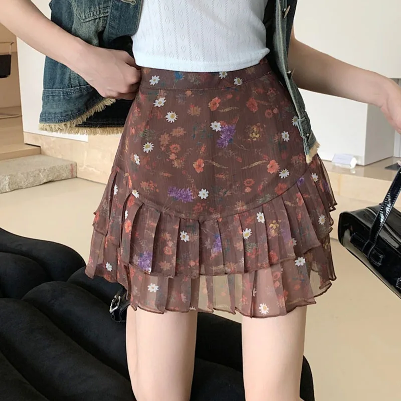 

American Retro Floral Print Pleated Skirt High Waist Slim Chiffon Mini Skirt